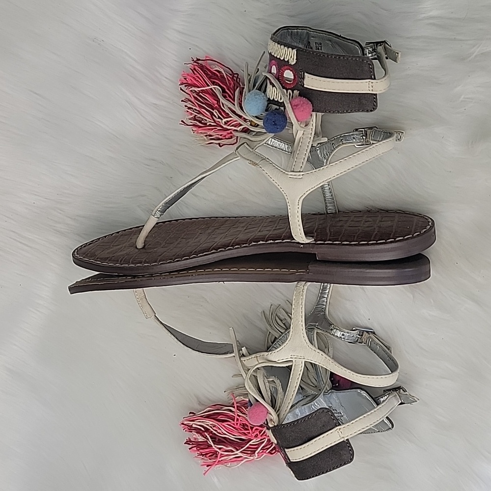 SAM EDELMAN Gere Western Fringe Pom‎ Pom Boho Hippie Gladiator Thong Sandals 8.5 - Picture 5 of 14